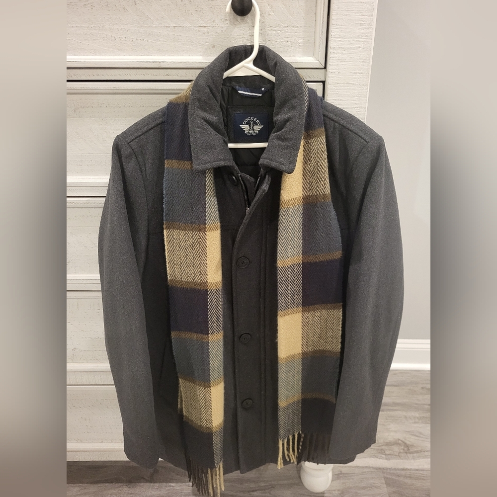 Dockers Charcoal Pea Coat with Multicolor Plaid Dockers Scarf